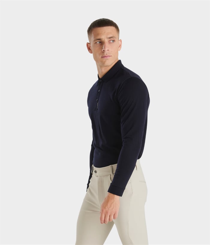 Breathable wool polo with open neckline dark night