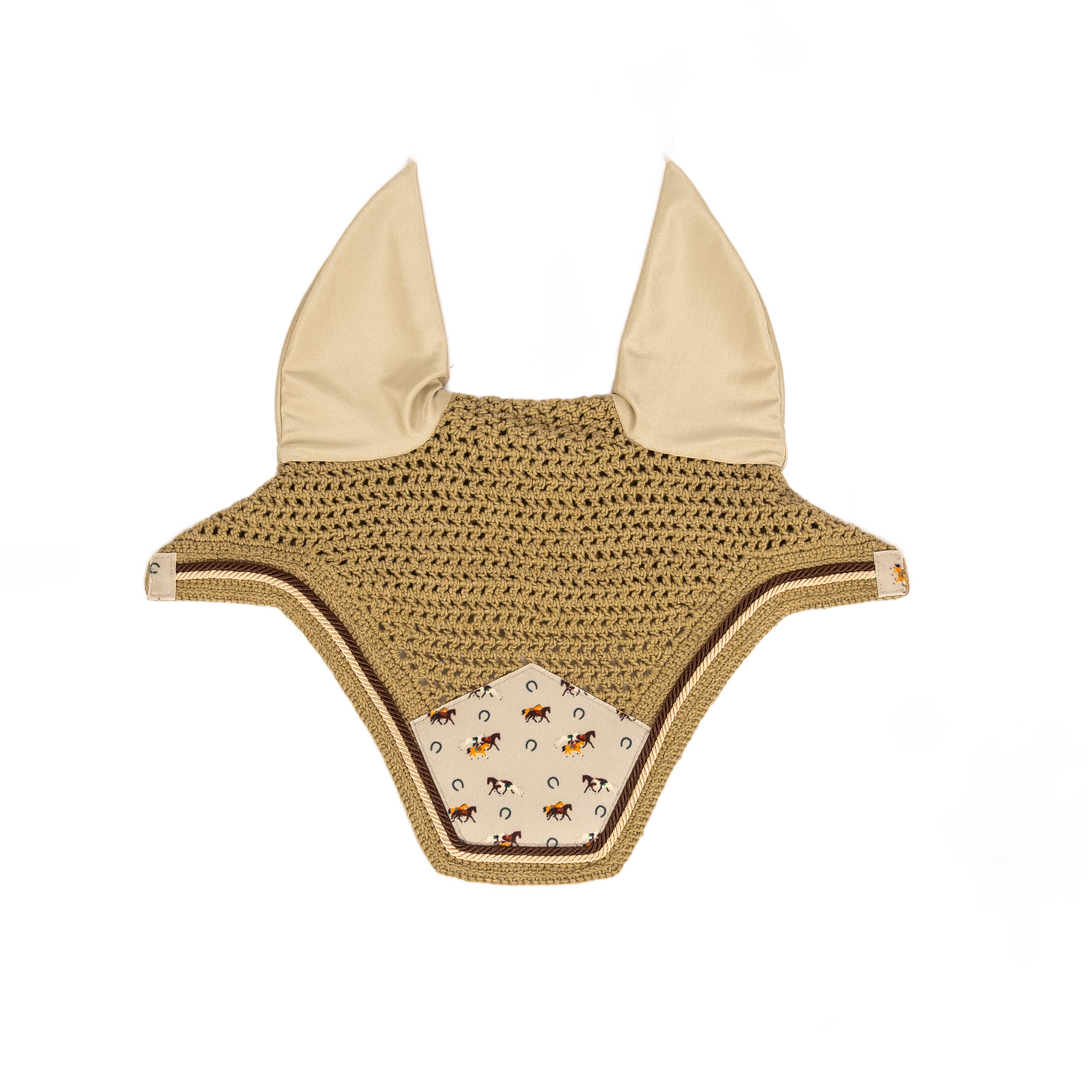 Horse print fly veil with extended neck piece designed to help prevent slipping