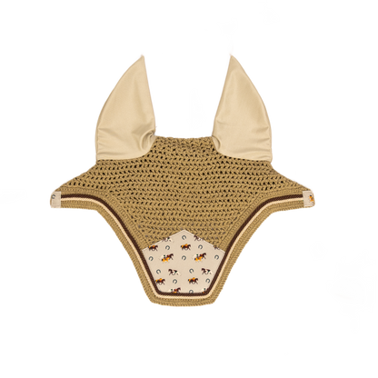 Horse print fly veil with extended neck piece designed to help prevent slipping