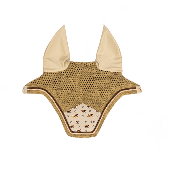 Horse print fly veil with extended neck piece designed to help prevent slipping