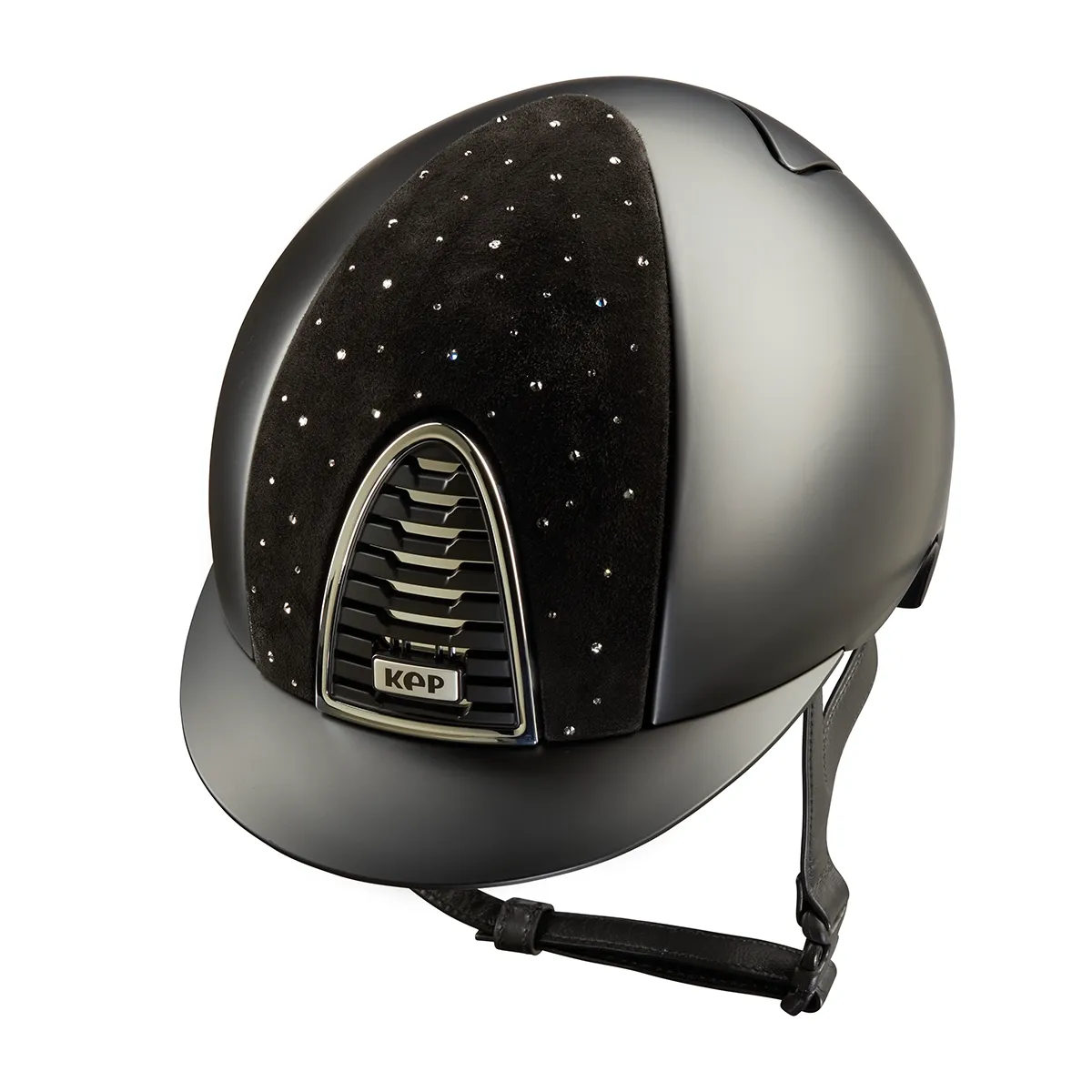 Premium KEP Italia Cromo 2.0 equestrian helmet featuring the elegant Goccia design and black textile shell.