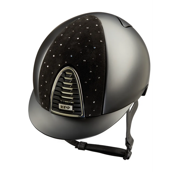 Premium KEP Italia Cromo 2.0 equestrian helmet featuring the elegant Goccia design and black textile shell.