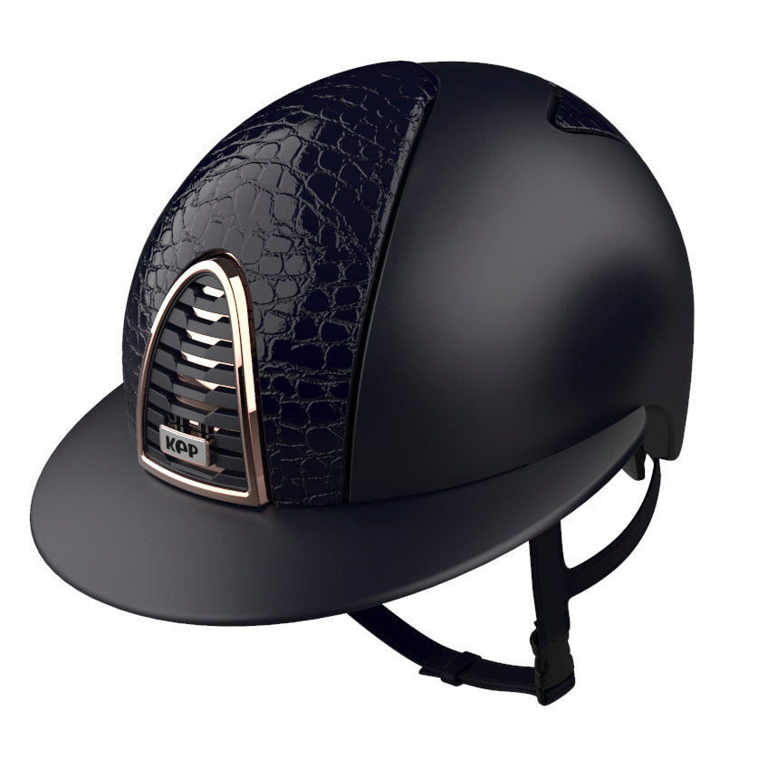 KEP Italia Cromo 2.0 Textile Blue riding helmet with Cocco leather inserts and a polo visor.