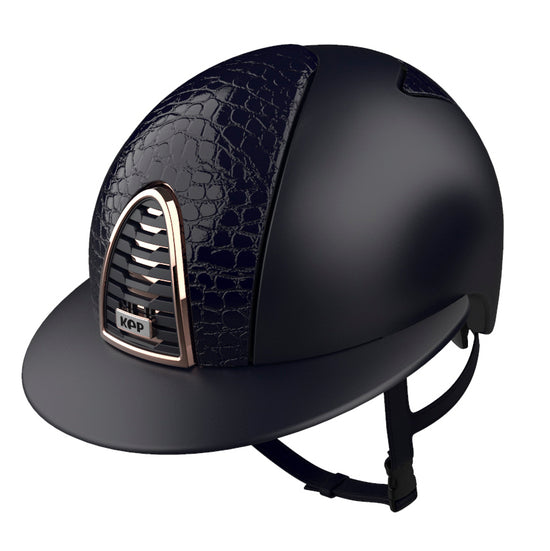 KEP Italia Cromo 2.0 Textile Blue riding helmet with Cocco leather inserts and a polo visor.