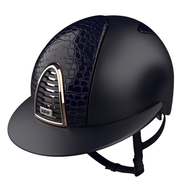 KEP Italia Cromo 2.0 Textile Blue riding helmet with Cocco leather inserts and a polo visor.