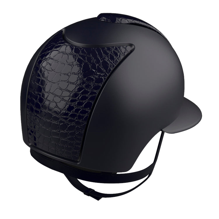 Premium KEP Italia Cromo 2.0 equestrian helmet featuring a blue textile finish with Cocco leather detailing.