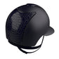 Premium KEP Italia Cromo 2.0 equestrian helmet featuring a blue textile finish with Cocco leather detailing.