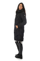 long quilted equestrian coat black with hood and front pockets