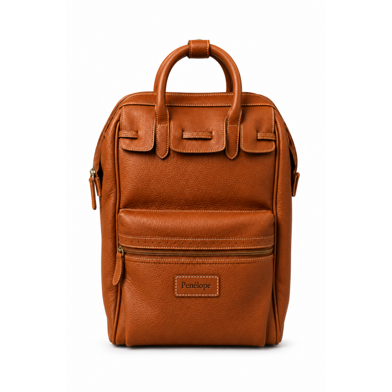Leather backpack with rear attachment for a wheeled suitcase handle