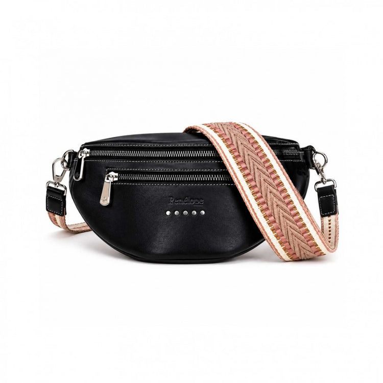 Leather belt bag with decorative chevron shoulder strap and snap hooks