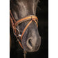 Leather bridle with padded headpiece for comfortable horse tack.