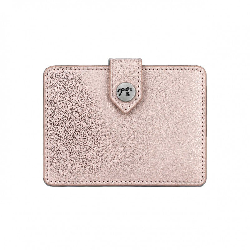 Leather card holder with secure snap-button closure
