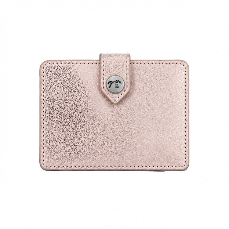 Leather card holder with secure snap-button closure