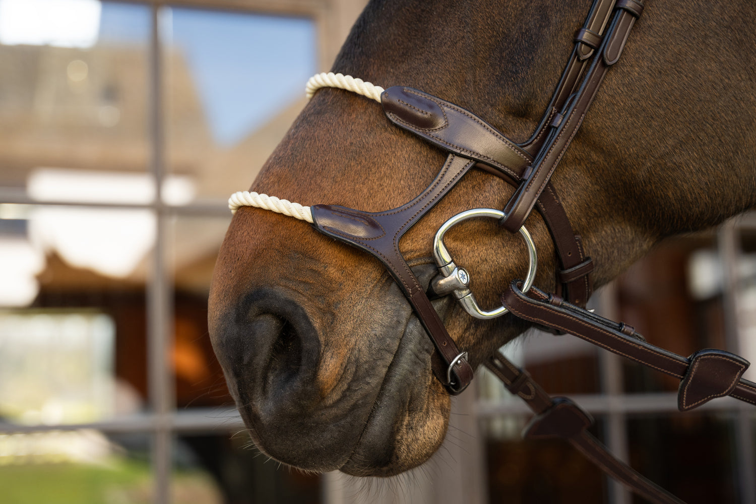 Leather double noseband with rope element for balanced pressure distribution