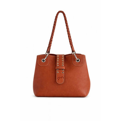 Leather handbag with braided handles and studded flap closure