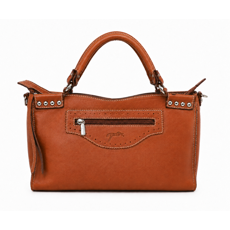Leather handbag with round handles and additional shoulder strap
