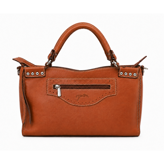 Leather handbag with round handles and additional shoulder strap