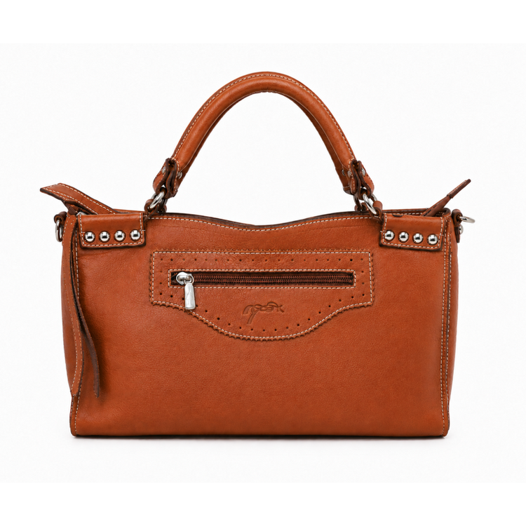 Leather handbag with round handles and additional shoulder strap