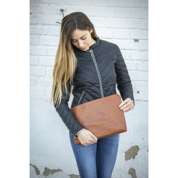 Leather laptop bag for women with a slim and elegant design.