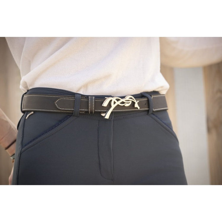 Leather riding belt designed to wear with equestrian breeches.