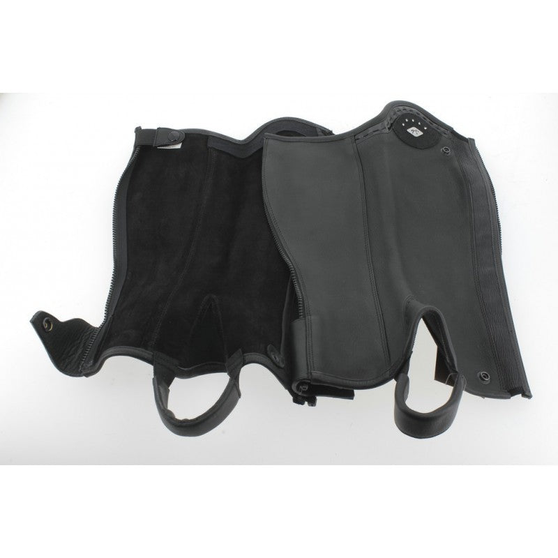 Leather riding chaps for paddock boots with a secure fitted design.