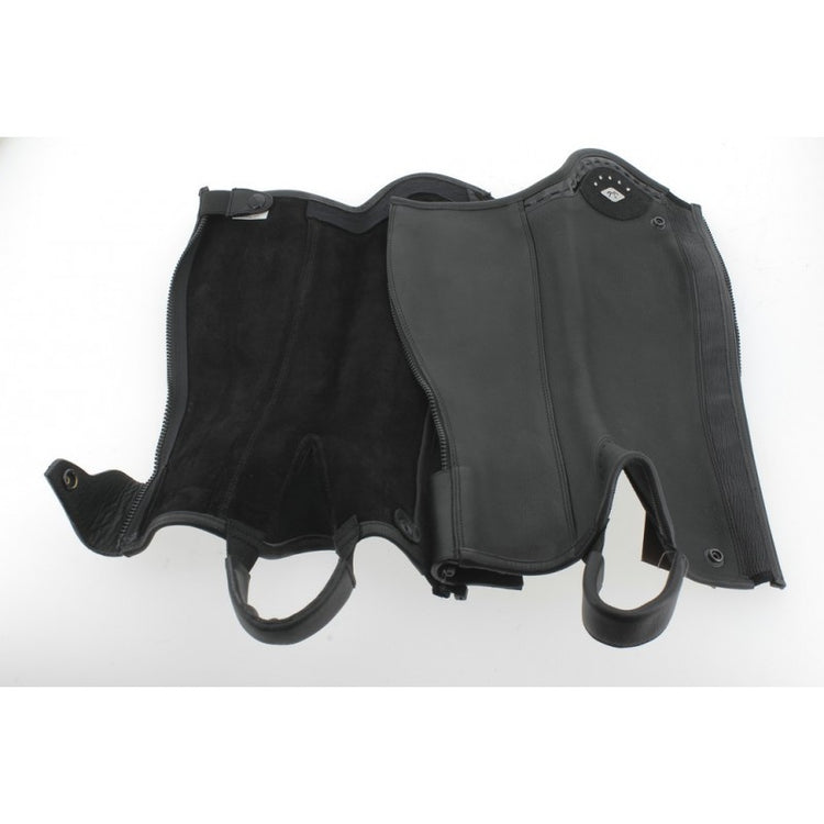 Leather riding chaps for paddock boots with a secure fitted design.