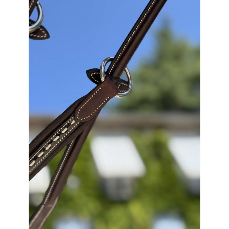 Leather running martingale fork with elegant stitching and adjustable buckle fastening.