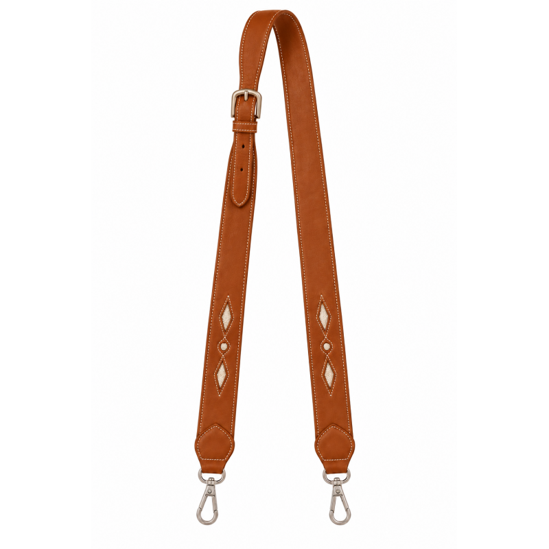 Leather shoulder strap featuring decorative contrast stitching