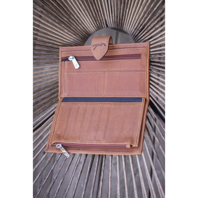 Leather wallet with zipped coin pocket and secure snap closure
