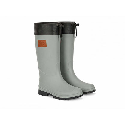 Light green tall waterproof stable boots with adjustable drawstring top and profiled sole for muddy ground.