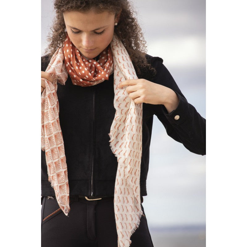 Lightweight equestrian scarf for adding a subtle horse-inspired touch to everyday outfits.