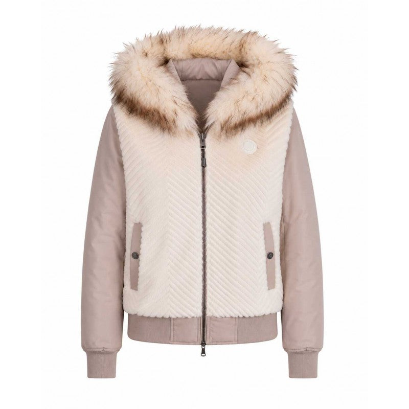 Off-white teddy fleece jacket with contrasting taupe details