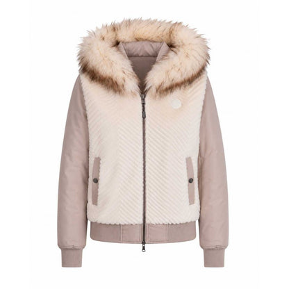 Off-white teddy fleece jacket with contrasting taupe details
