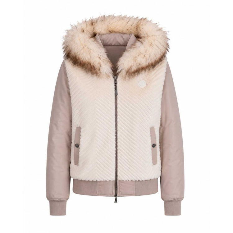 Off-white teddy fleece jacket with contrasting taupe details