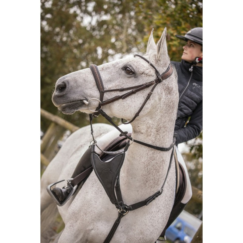 Penelope bib martingale attachment with embossed logo and adjustable buckle.