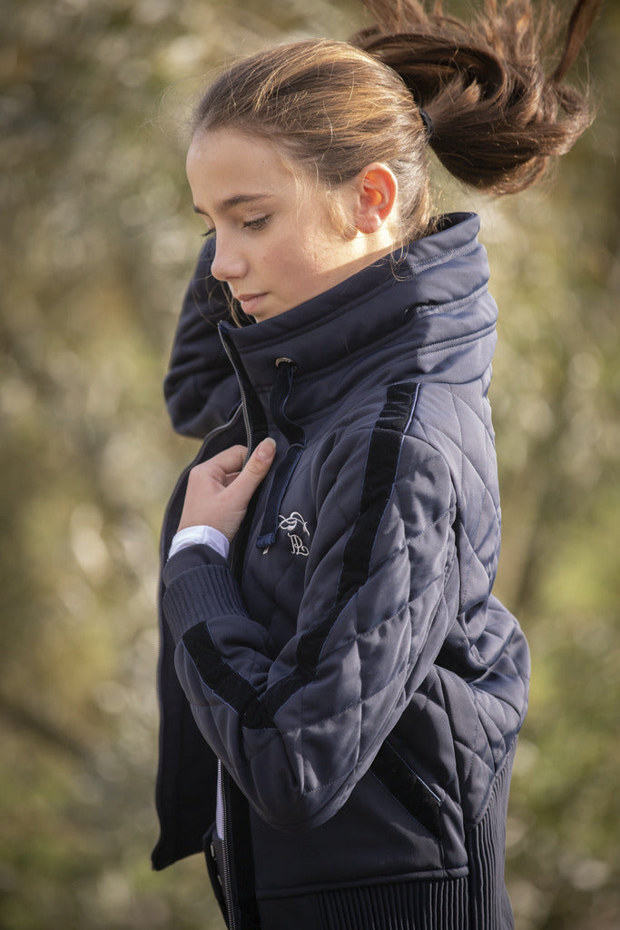 Penelope bomber jacket with velvet sleeve details and matching collar drawstring.