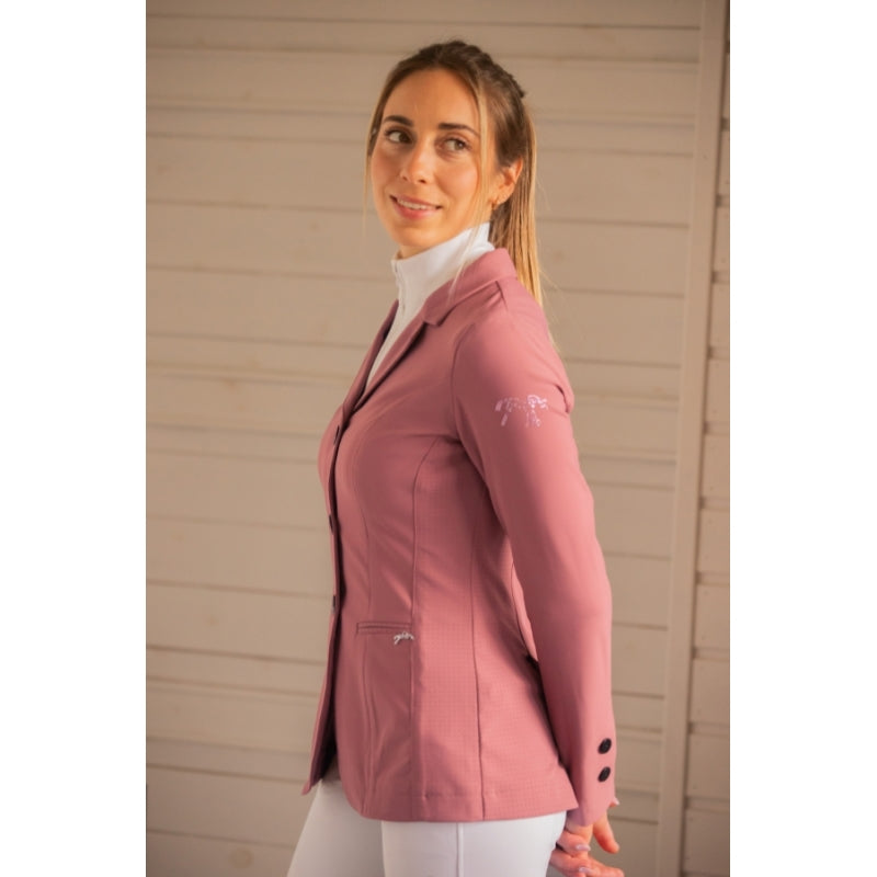 Penelope Calista fitted competition jacket with rhinestone logo and refined feminine styling.