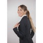 Penelope Calistus equestrian show jacket with concealed zipper, three-button front and rhinestone logo.
