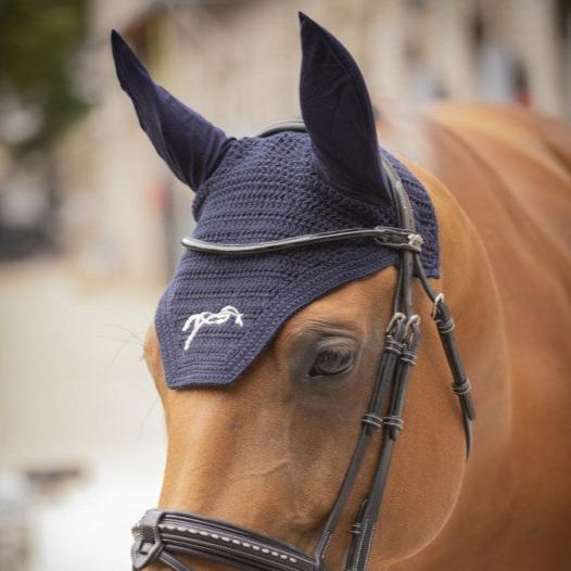 Penelope crochet ear bonnet with embroidered logo and elegant square-cut front.