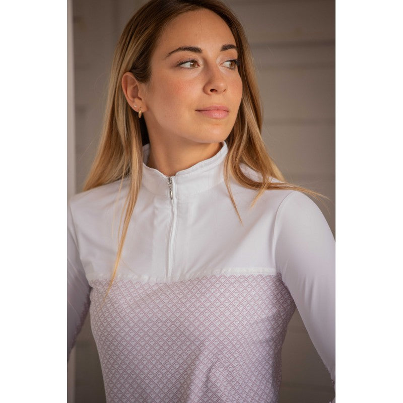 Penelope Debbie equestrian show polo with straight white bib and refined white trim.