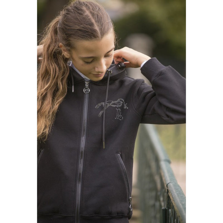 Penelope Fluore rhinestone hoodie with stylish two-material hood.