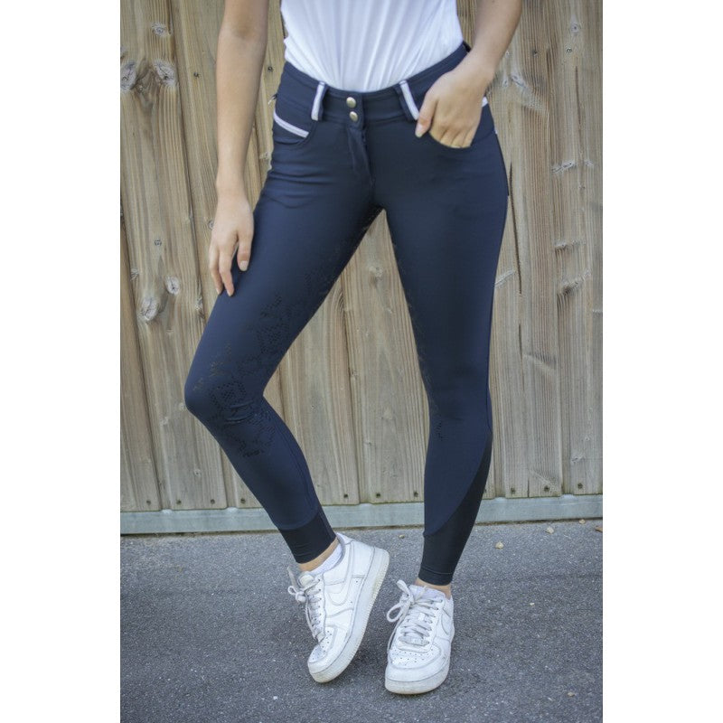 Penelope Fun Navy Full Seat Breeches for women with soft silicone grip.