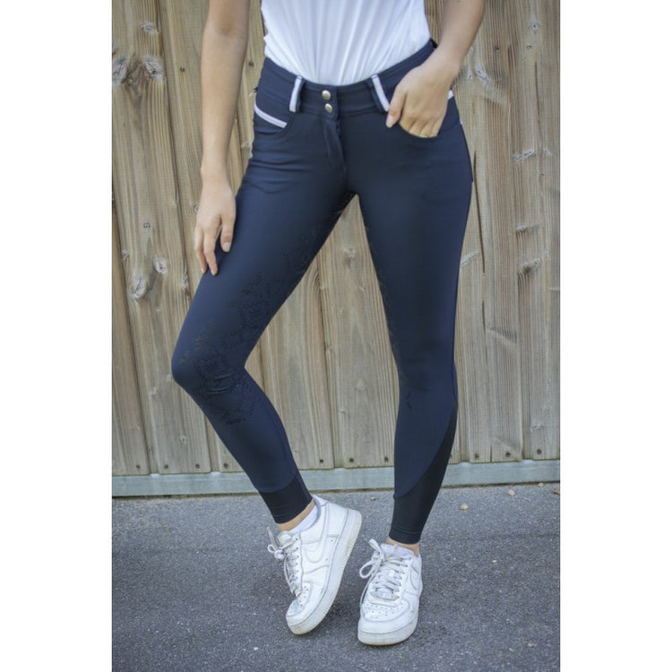 Penelope Fun Navy Full Seat Breeches for women with soft silicone grip.