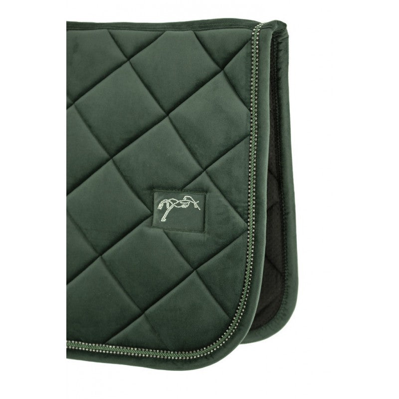 Horse saddle pad with crystal detailing and diamond-shaped quilting.