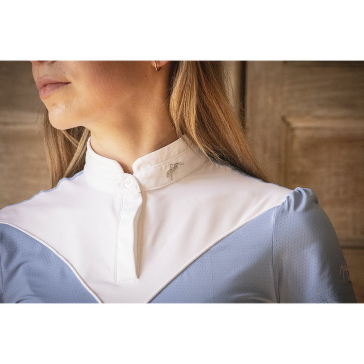 Penelope glitter competition polo shirt with breathable grey mesh side panels.