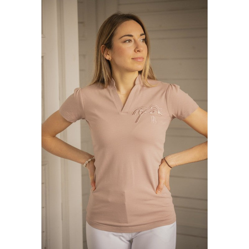 Penelope Josie V-neck polo shirt with elegant stand-up collar and subtle equestrian styling.