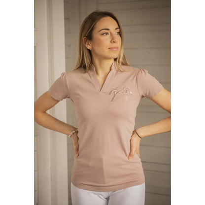 Penelope Josie V-neck polo shirt with elegant stand-up collar and subtle equestrian styling.