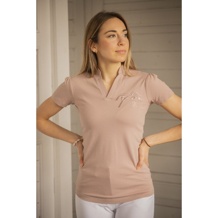 Penelope Josie V-neck polo shirt with elegant stand-up collar and subtle equestrian styling.