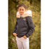 Penelope kids bomber jacket with faux fur hood and PL stamped snap buttons.