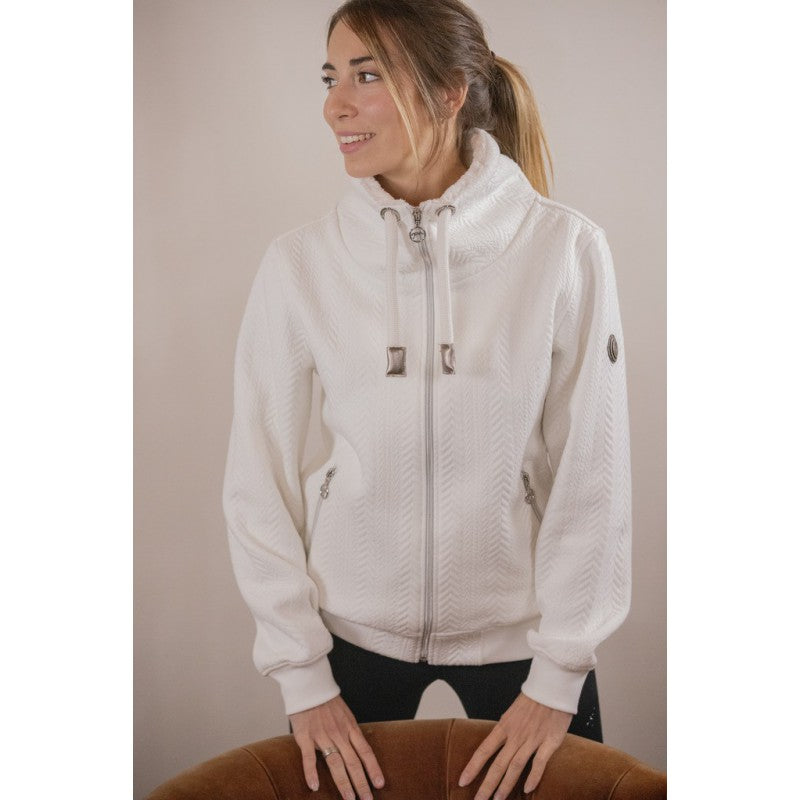 Penelope Laponia riding sweatshirt with practical front zipper.